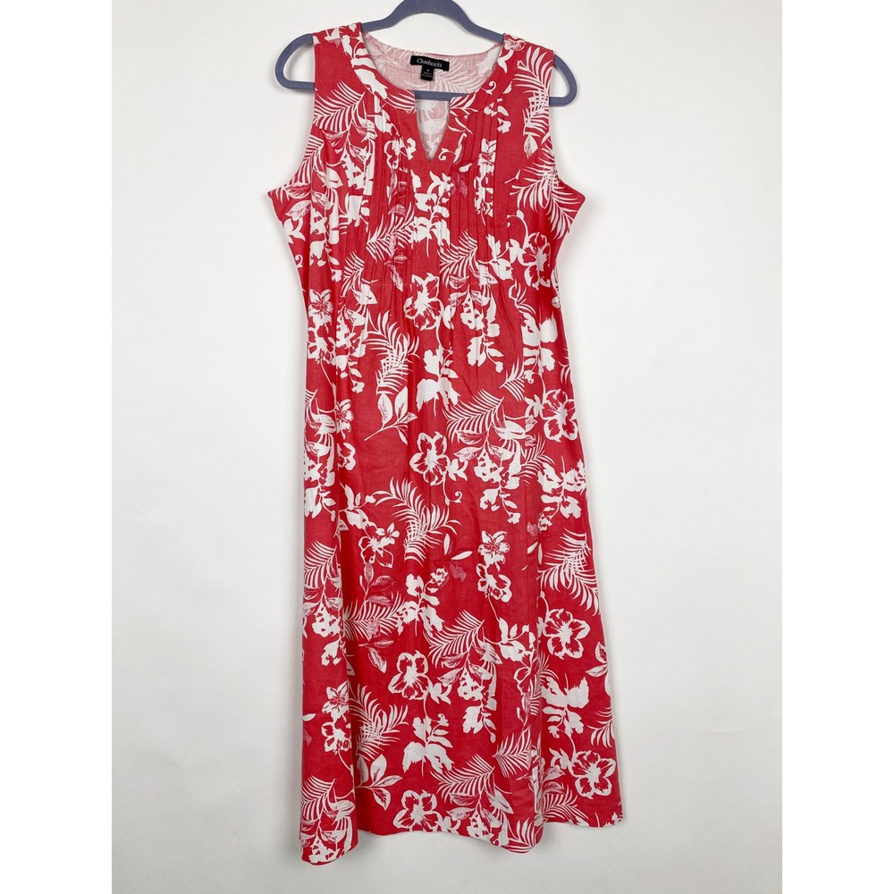 Chadwicks Tropical Floral Pintuck Sleeveless Midi Dress Women Size M Linen Blend